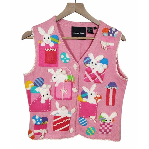 Michael Simon Sweaters - Michael Simon Womens Easter Bunny Sweater Vest Size S Egg Novelty Kitsch Spring